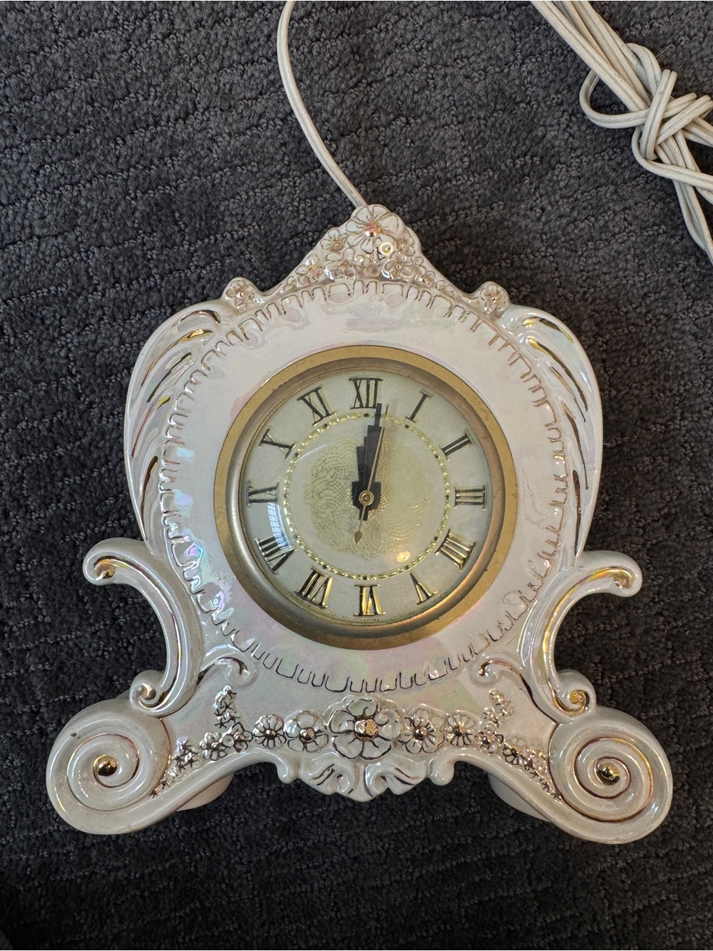 Vintage Clock by Lanshire - white pearlescent ceramic with gold highlights